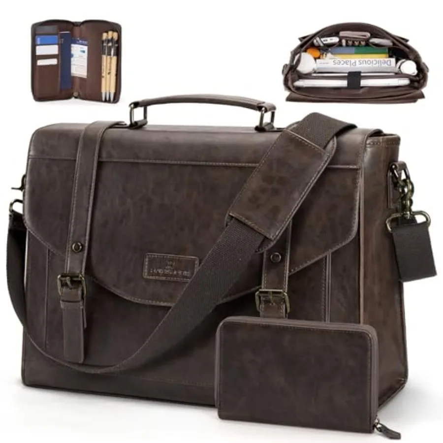 

Flap Messenger Bag for Men Vintage PU Leather Laptop Bag 15.6 Inch Retro Briefcase with Wallet Satchel Computer Bag