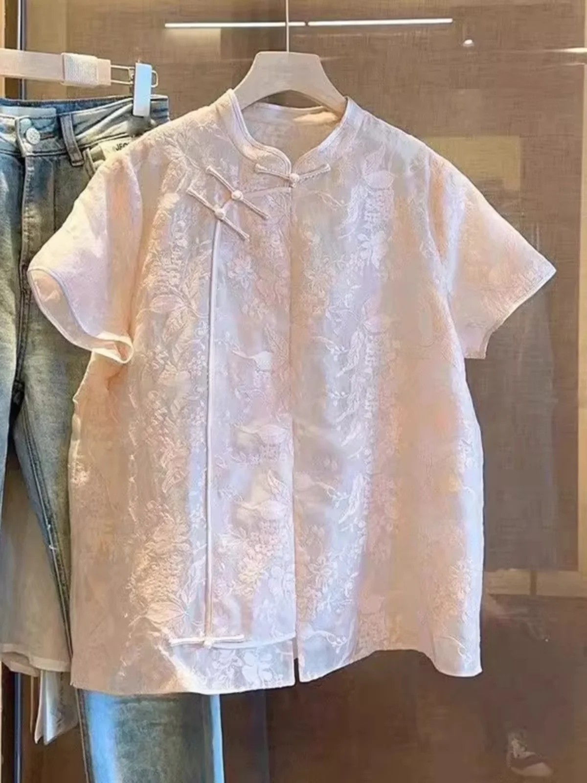 

plus Size 300 Pounds New Chinese Style Short Sleeve Shirt Women Summer High Sensation Loose Anti-Aging Button up Blouse
