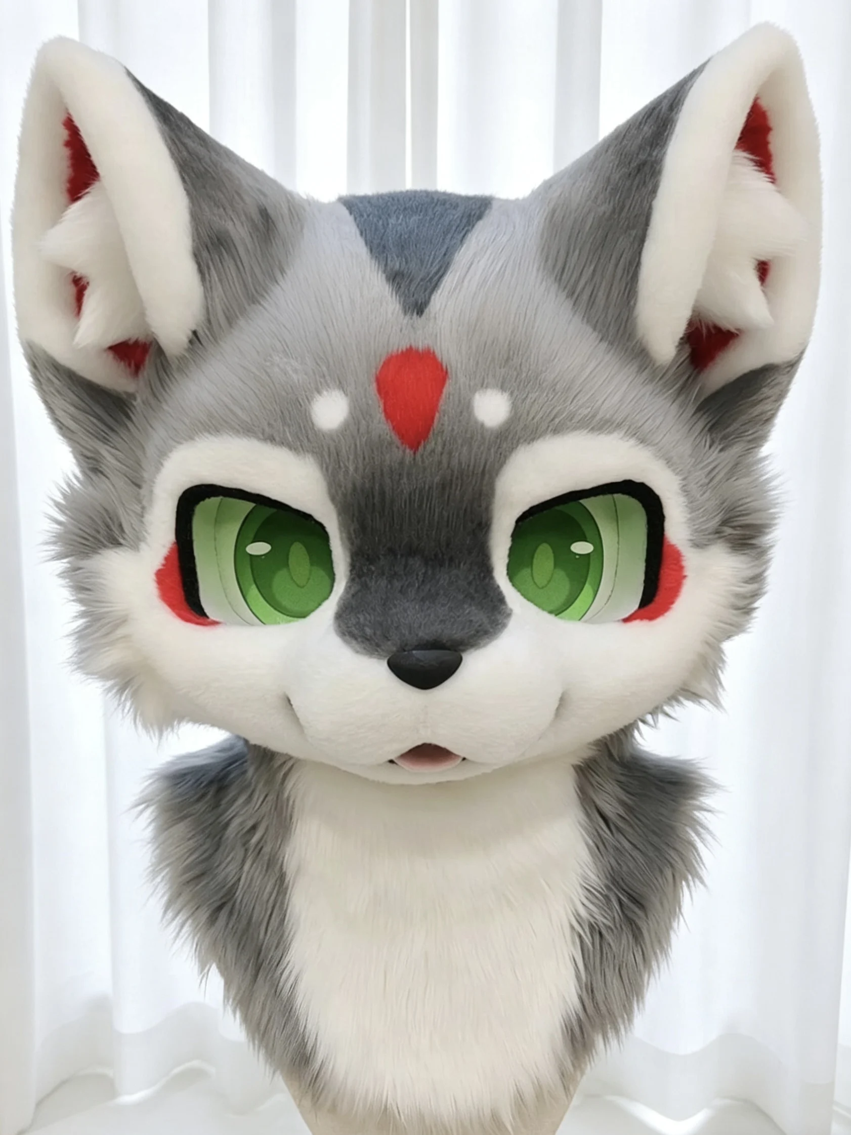 

Long fur coat for Christmas cat cosplay. Husky wearing cat mascot costume. Cosplay disguise.