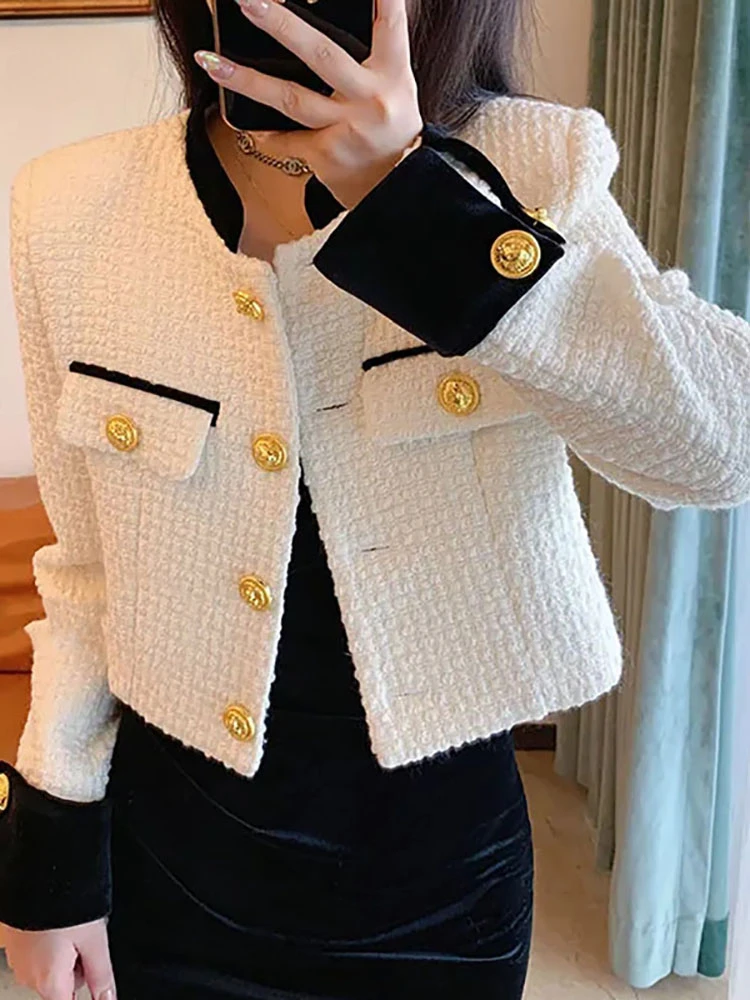 

Simple Tweed Short Jacket For Women Vintage Stand Collar Patchwork Single Breasted Solid Color Casual Coat Korean All-match Tops