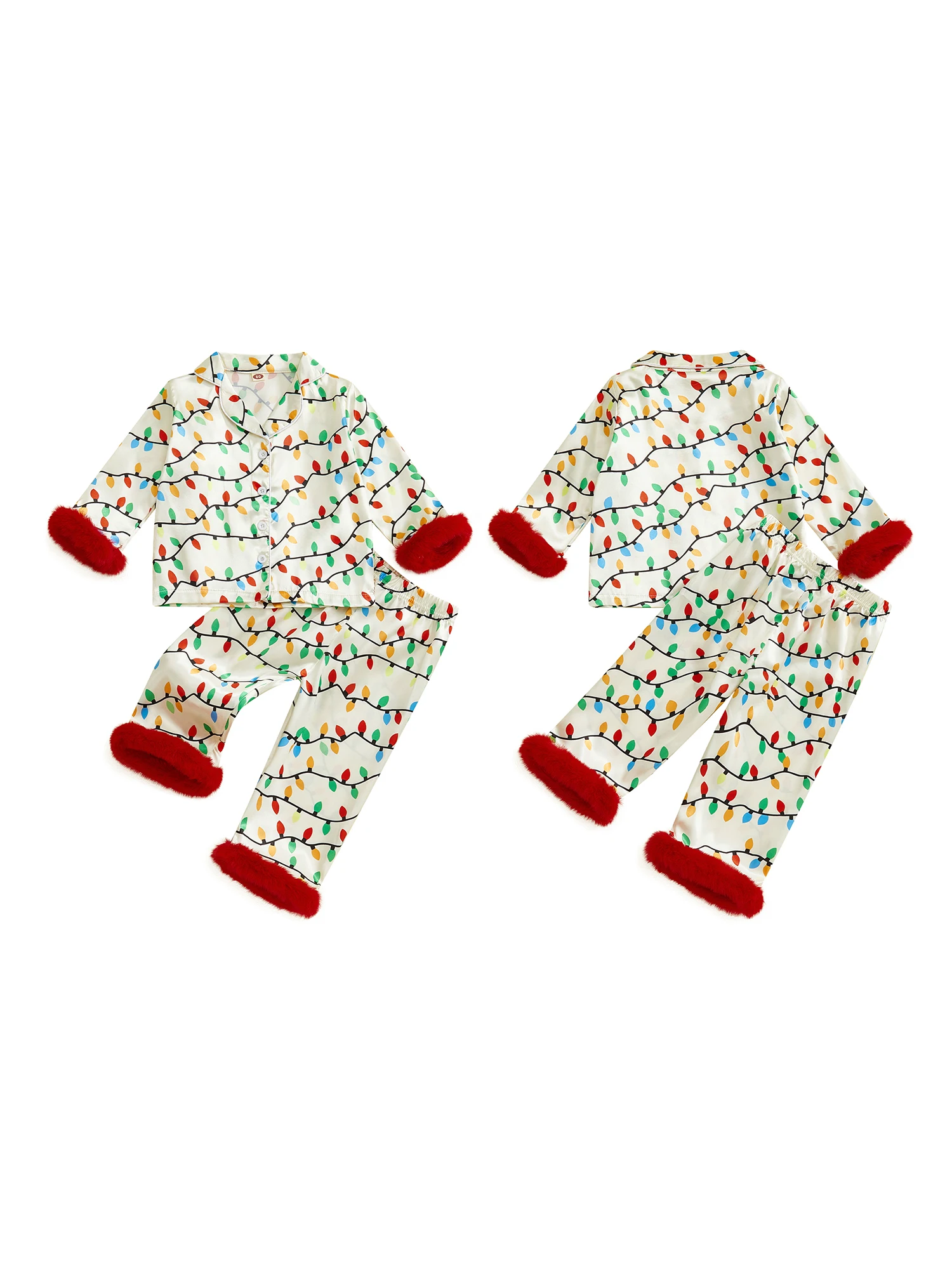 مجموعة بيجامة من الساتان لعيد الميلاد للأطفال تتميز بطباعة سلسلة إضاءة احتفالية وأكمام طويلة وأزرار سفلية مع مطابقة #2