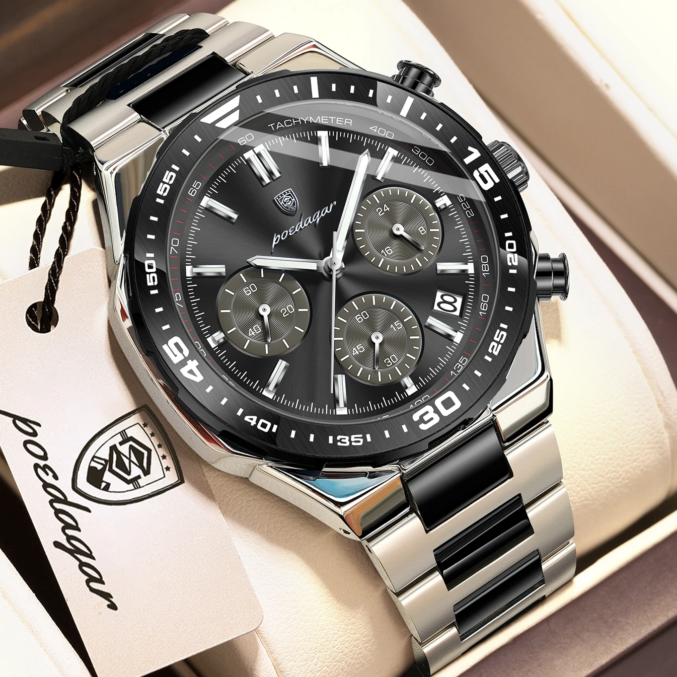 POEDAGAR Top Fashion Man Watch Waterproof Stainless Steel Luminous Men Wristwatch Date Chronograph Quartz Military Men's Watches