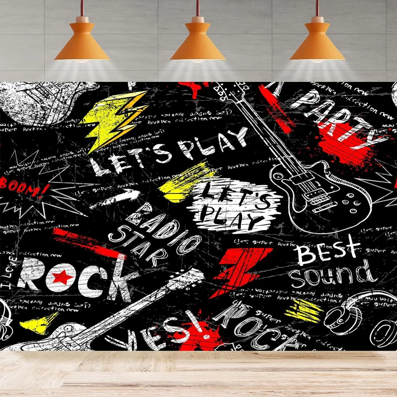 Rock And Roll Music Photography Backdrop Hand Drawn Style Guitar Headphone Let's Play Rock Star Theme Background For Party Decor