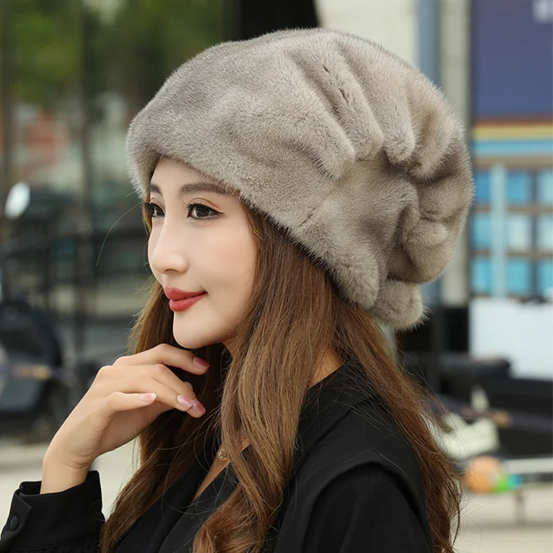 New Genuine Real Natural Mink Fur Hat Cap For Women's Luxury Women Fur Hats Fashion Winter Headwear Warm Real Fur Hat