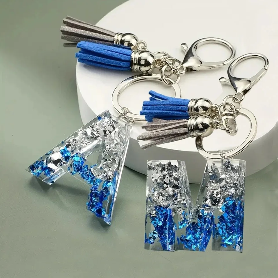 Creative 26 Letter Resin Keychains With Tassel Fashion Bule Sliver Color Sequin Filled Initials Keyrings Bag Pendant Accessories