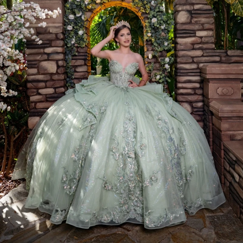 

Green Shiny Ball Gown Quinceanera Dresses Applique Lace Beading Crystal Bow Tull Corset Off Shoulder Sweet 16 Dress Vestidos 15