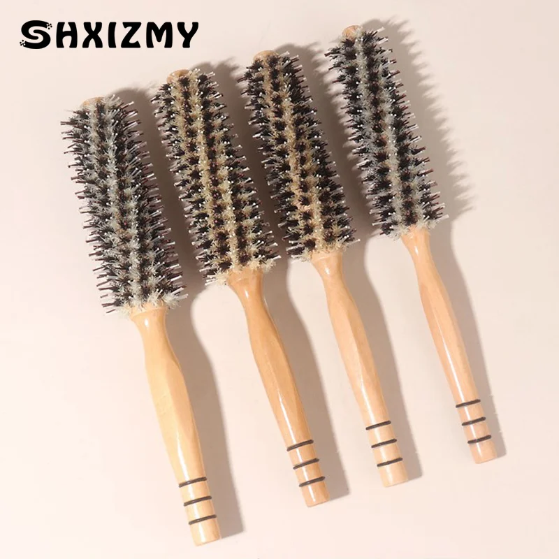 4 Style Wood Handle Round Rolling Brush Straight Twill Hair Comb Boar Bristle Round Barrel Hair Curling Brush Hairdressing Tool