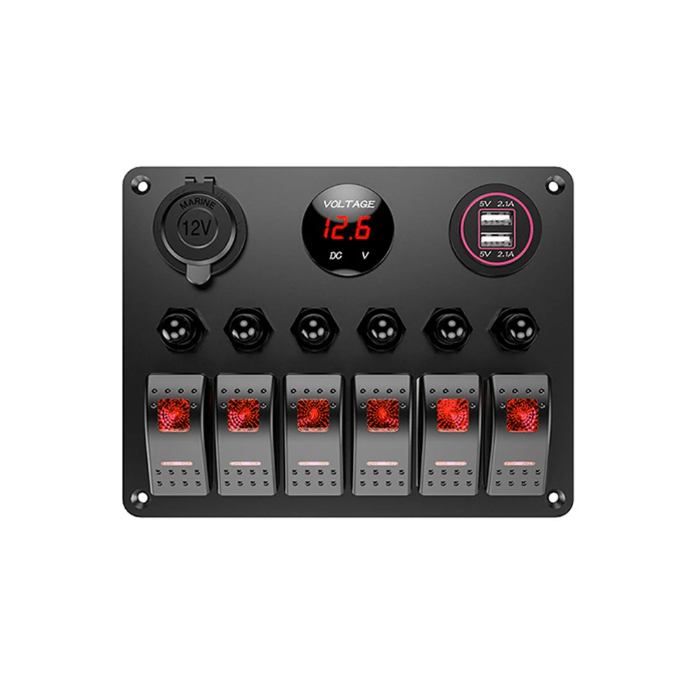 

ON/OFF 6 Gang Marine Boat Rocker Switch Panel LED Voltage Display 5V 4.2A USB Charger+Cigarette Lighter Truck Boat Car Universal
