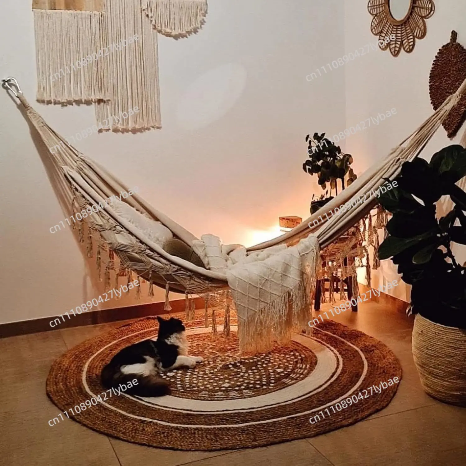200 * 150cm 2-person Hammock Large Basimakra Tassel Fish Tail Knit Suitable for Outdoor Camping Terrace Balcony (stentless)