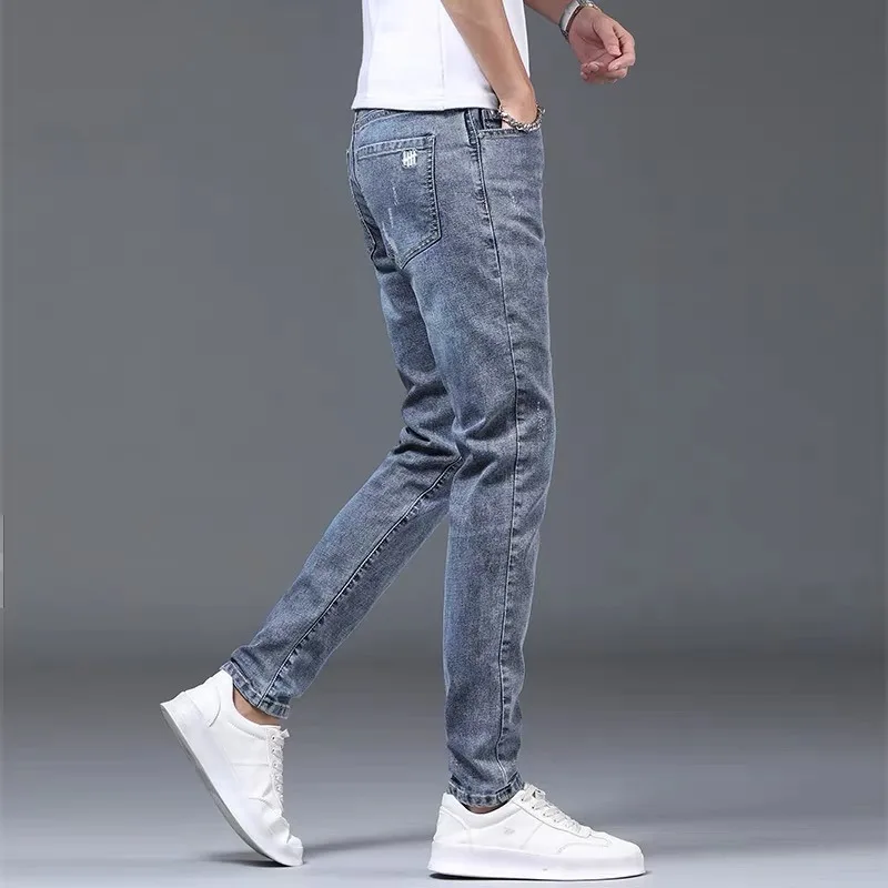 Light Blue Ripped Jeans Men's Slim Fit Skinny Korean Style Versatile Stretchy Long Pants