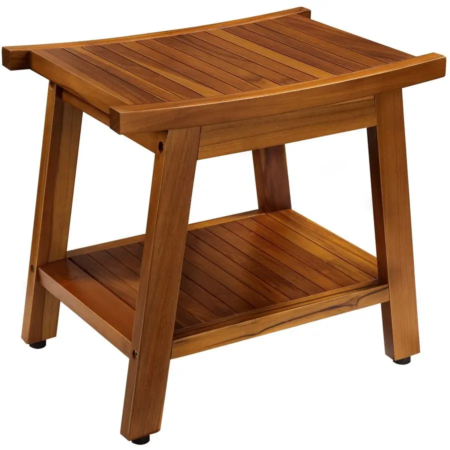 

21 Inch Teak Shower Bench with Storage Shelf and Handles, Teak Wood Shower Stool Waterproof Bath Chair for Indoor and Outdoor Us