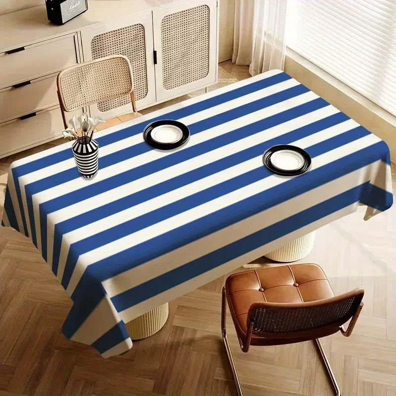 【jit】 1pc Soft, Fashionable and Beautiful Blue-White Striped Tablecloth, Machine Washable and Easy to Cleanxzj