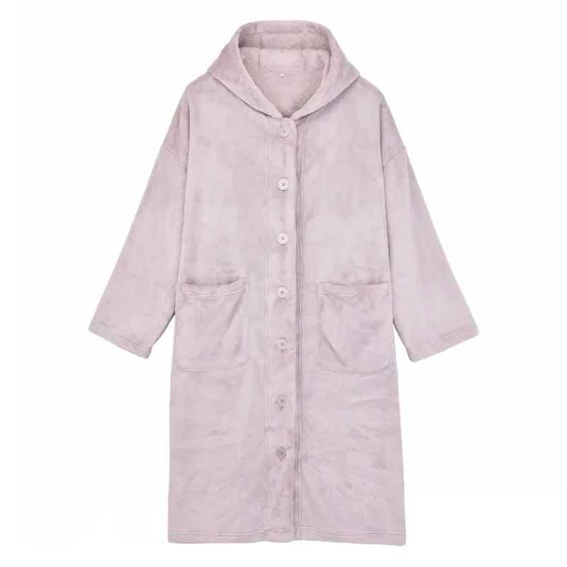 Spring Autumn Women Warm Fleece Robe Ladies Soft Bathrobe Female Long Sleeve Dressing Gown Hoodie Robes Simple Home Clothes