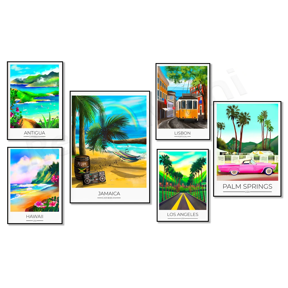 Jamaica, Mauritius Indian Ocean, Venice, California, Lisbon, Los Angeles, Maui, New Zealand, Antigua Caribbean Travel Poster