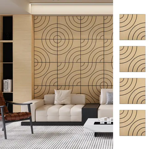 Acoustic Sound Absorbing 3D Wood Slat Self-Adhesive Peel and Stick Wall Panels Set of 4 for Interior Noise Reduction