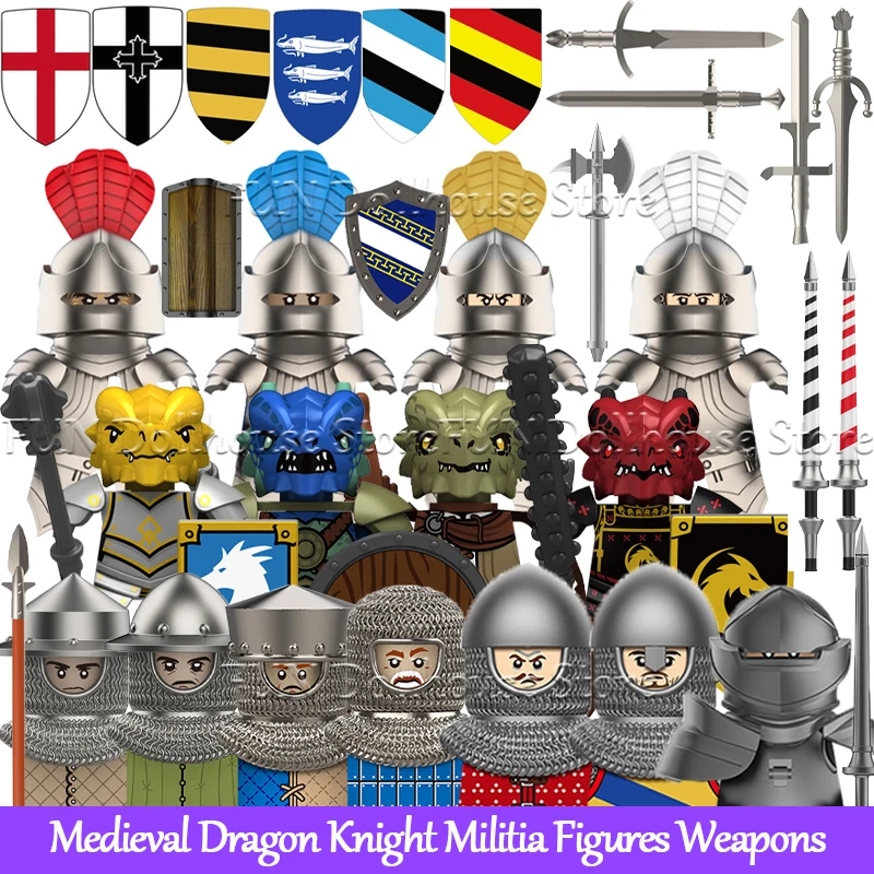 MOC – blocs de construction de château médiéval Dragon Knight, figurines de soldats de la Militia de l'armée militaire, bouclier d'armure, accessoires d'épée, jouet en briques