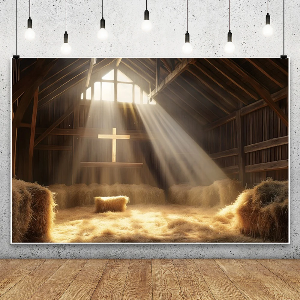 Christmas Birth of Jesus Photography Backdrops Wooden House Farm Barn Cross Grail God Bless Christening Baby Shower Backgrounds