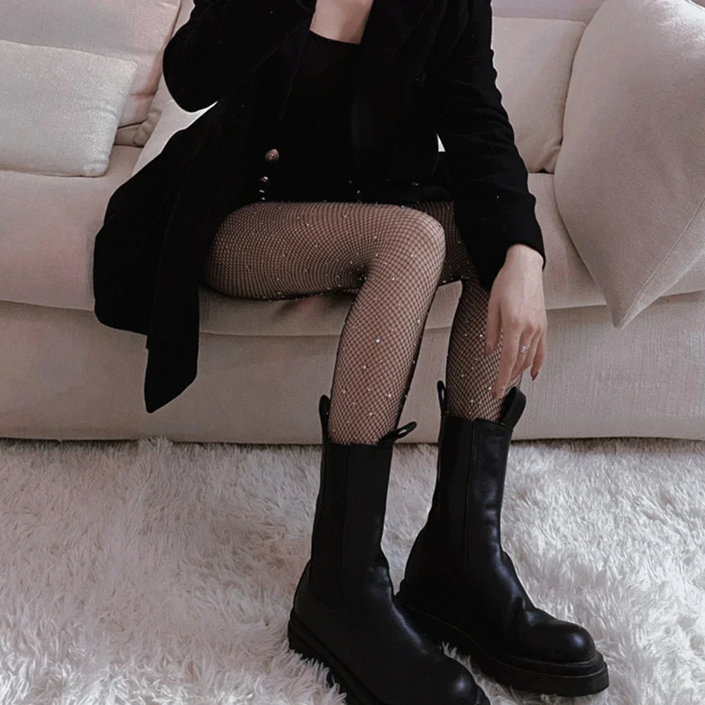 Summer Women Sexy Hollow Fishing Net Socks Shiny Rhinestone Pantyhose Tights Black White Color Stockings