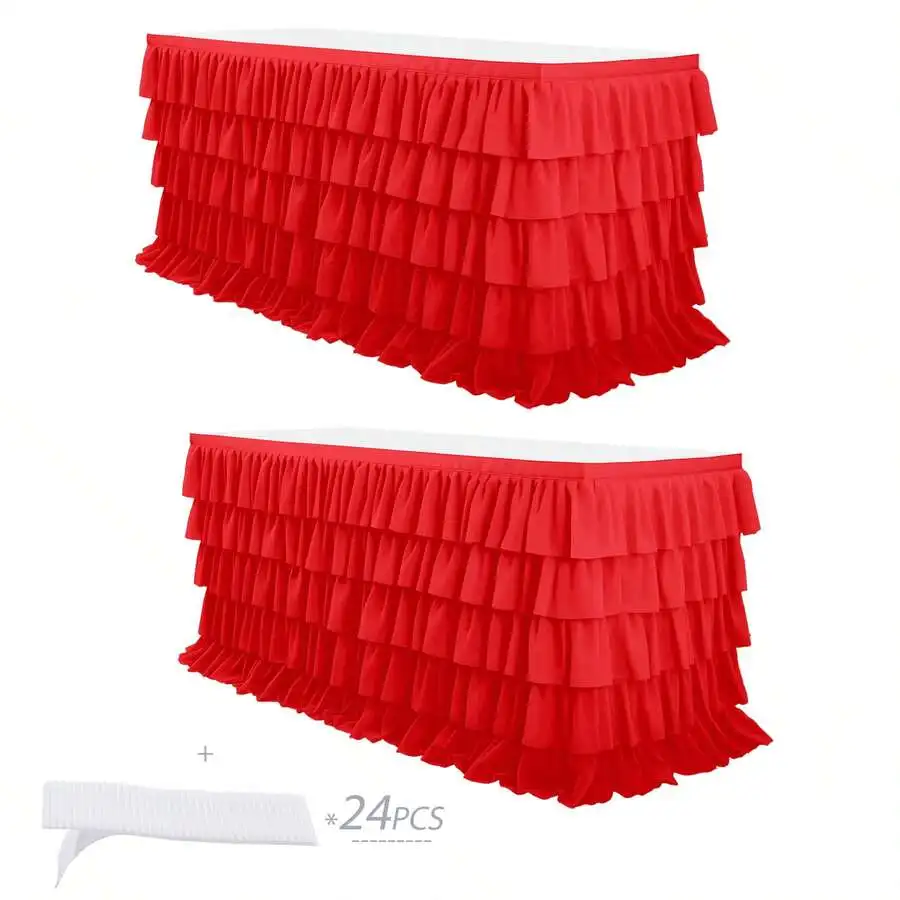 2 Pack 5‑Tier Ruffle Tulle Table Skirt, 108*30 Inch 9ft Extra Long Layered Wrinkle‑Resistant Table Skirting For Halloween, Birth