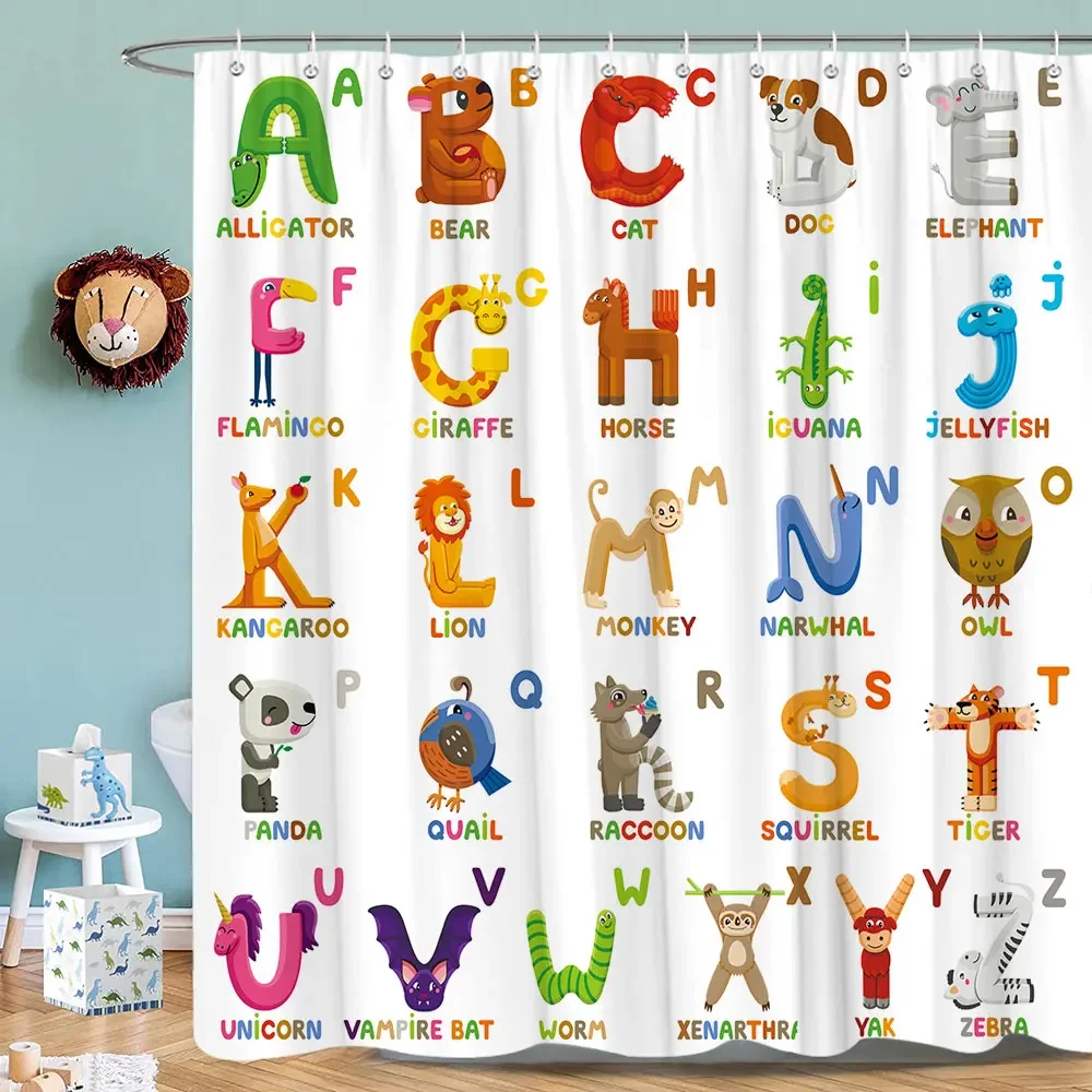 

Kids Alphabet Shower Curtains For Bathroom Decor ABC Educational Learning Tool Baby Cartoon Animals Colorful Girls Boys Printed