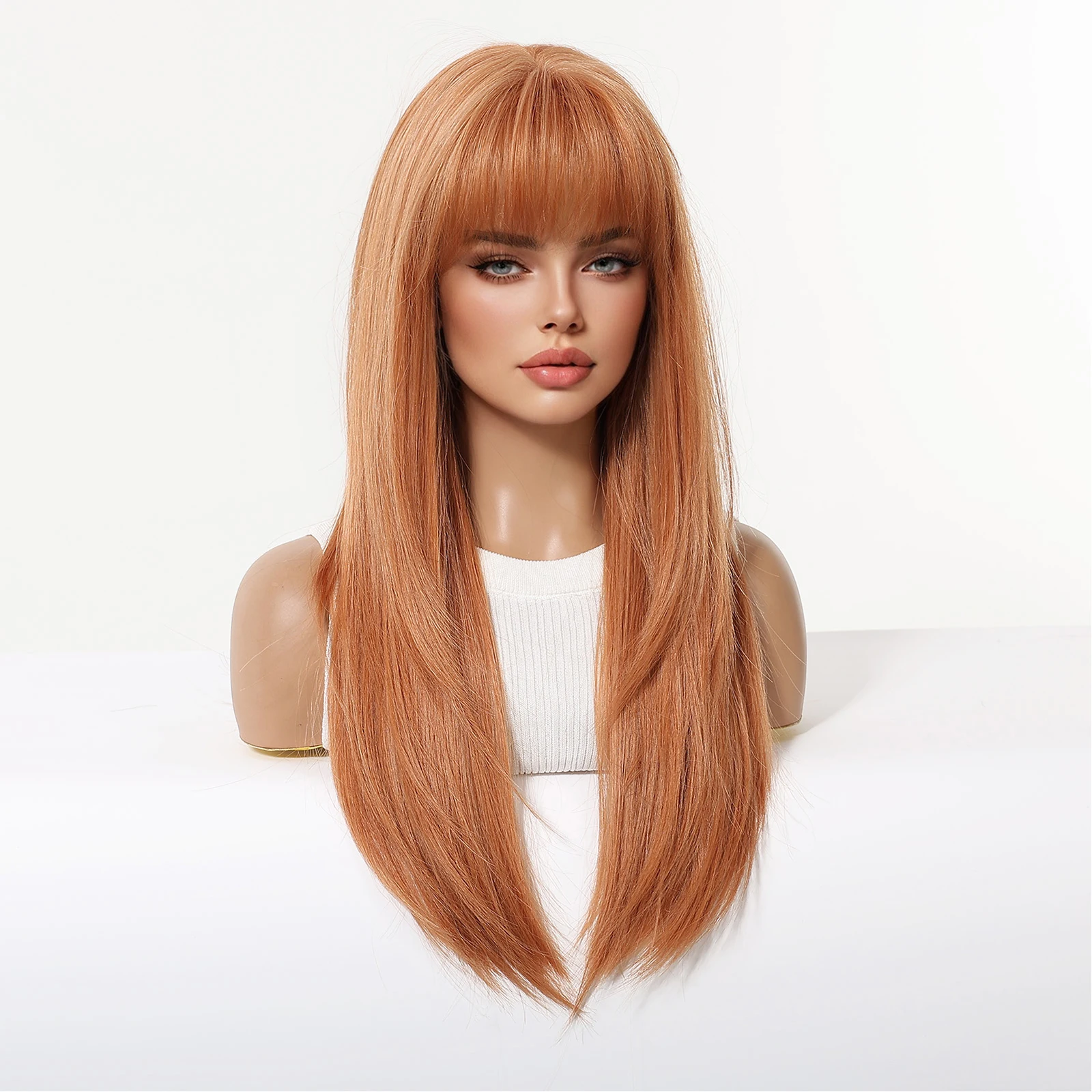 Ginger Orange Long Straight Synthetic Wig with Fringe Bangs Layered Hair Heat Resistant Wigs for Women Daily Cosplay Halloween