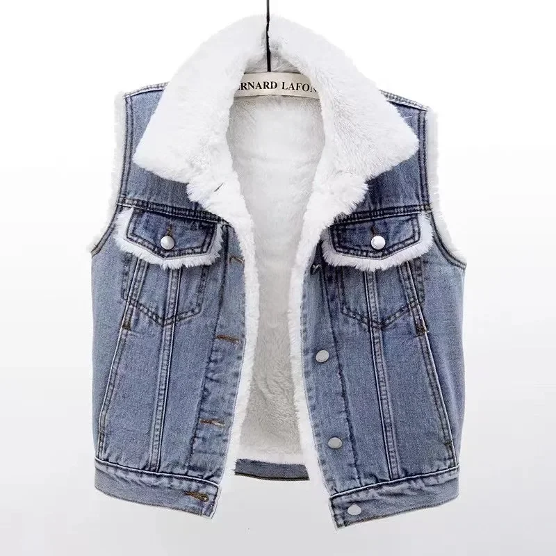 Autumn Lamb Wool Liner Plush Thick Cowboy Vest Winter Plus Velvet Warm Women Denim Waistcoat Female Gilet Sleeveless Vest Jacket