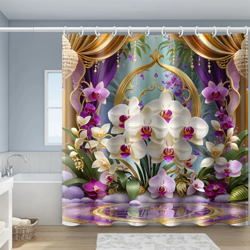 Purple Gold Flower Pattern Print Shower Curtain with Hooks Waterproof Fabric for Bathroom Window Wall Home Bath Decor