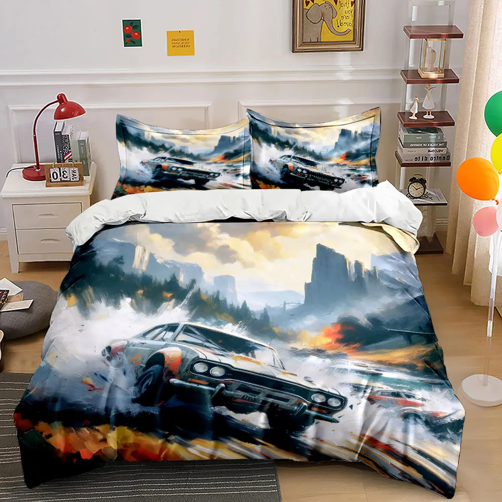 

Racing car drifting through fiery valley Duvet Cover Set with 3D Printing Design Soft Polyester Bedding Set All-Season Comfort