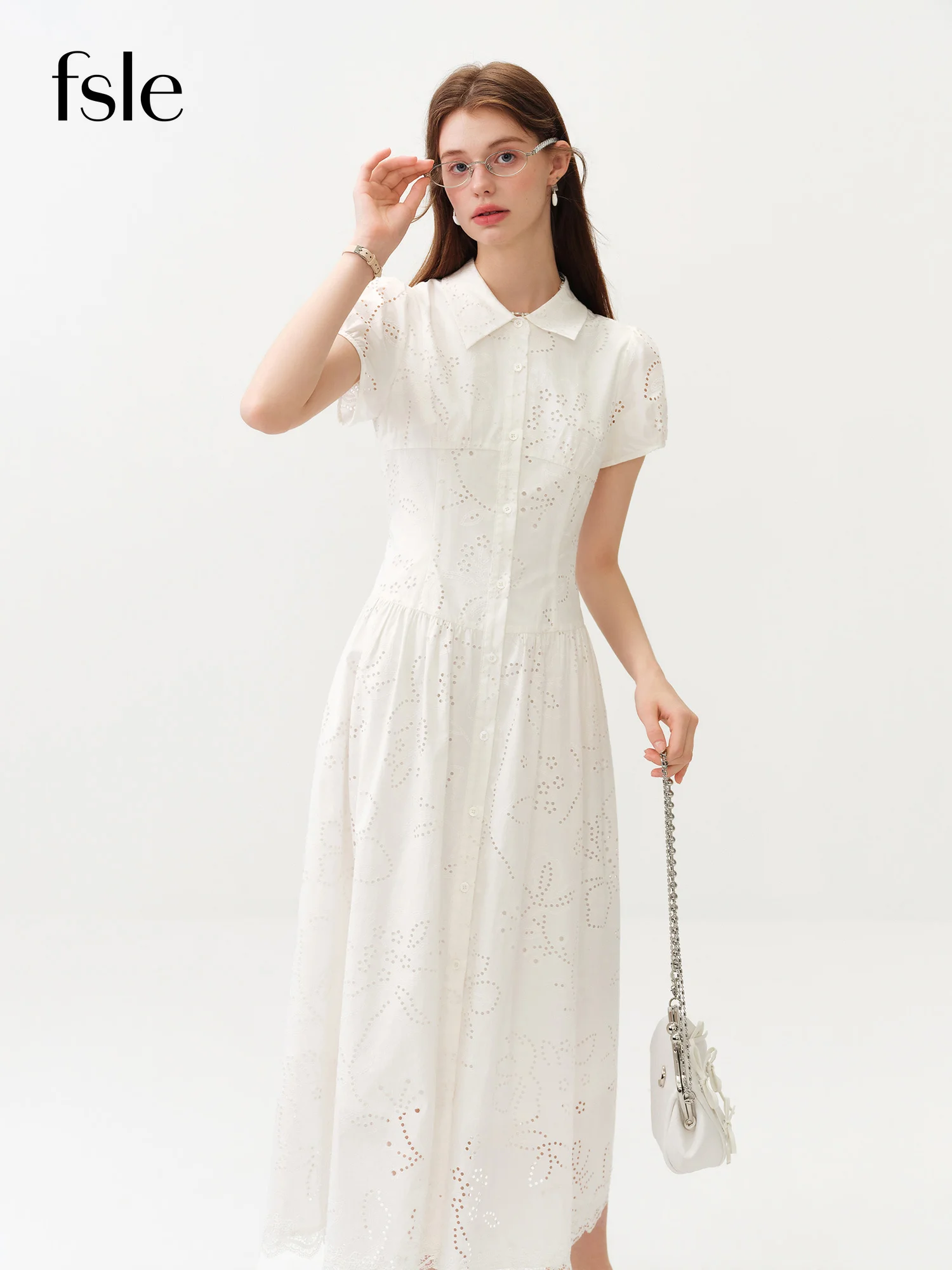 FSLE Women's Light French Style Cotton Lapel Hollow-out Print Waist-Fitted Short Sleeve Shirt Dress 2026 Summer New Arrival