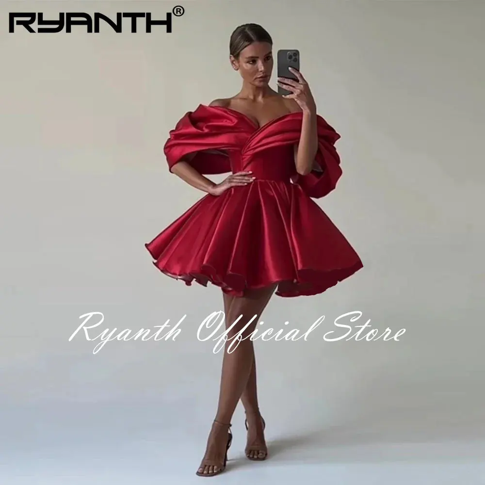 Ryanth Short Prom Dress Red Off The Shoulder Above Knee Satin Formal Evening Gowns Girl Vestidos De Graduación Pleat Party Dress