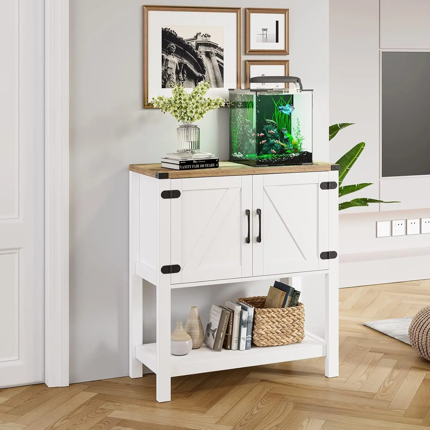 Table console avec 2 armoires de rangement, armoire de café-bar, table de canapé, 31.5 L X 13.8 D X 34.65 H, table d'entrée avec 2 armoires de rangement, planche de ferme