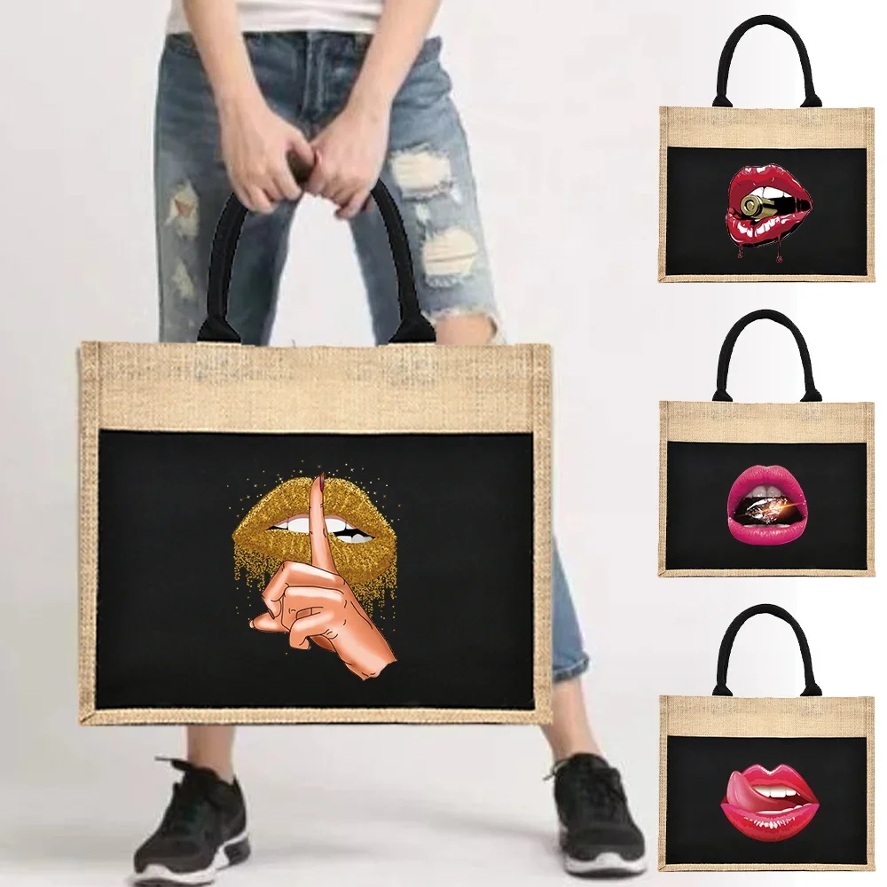 

Jute Handbag Linen Shoulder Sacks Jute Imitation Sacks Linen Bags Women Shopping Tote Laminated Bags Designer Tote Various Lips