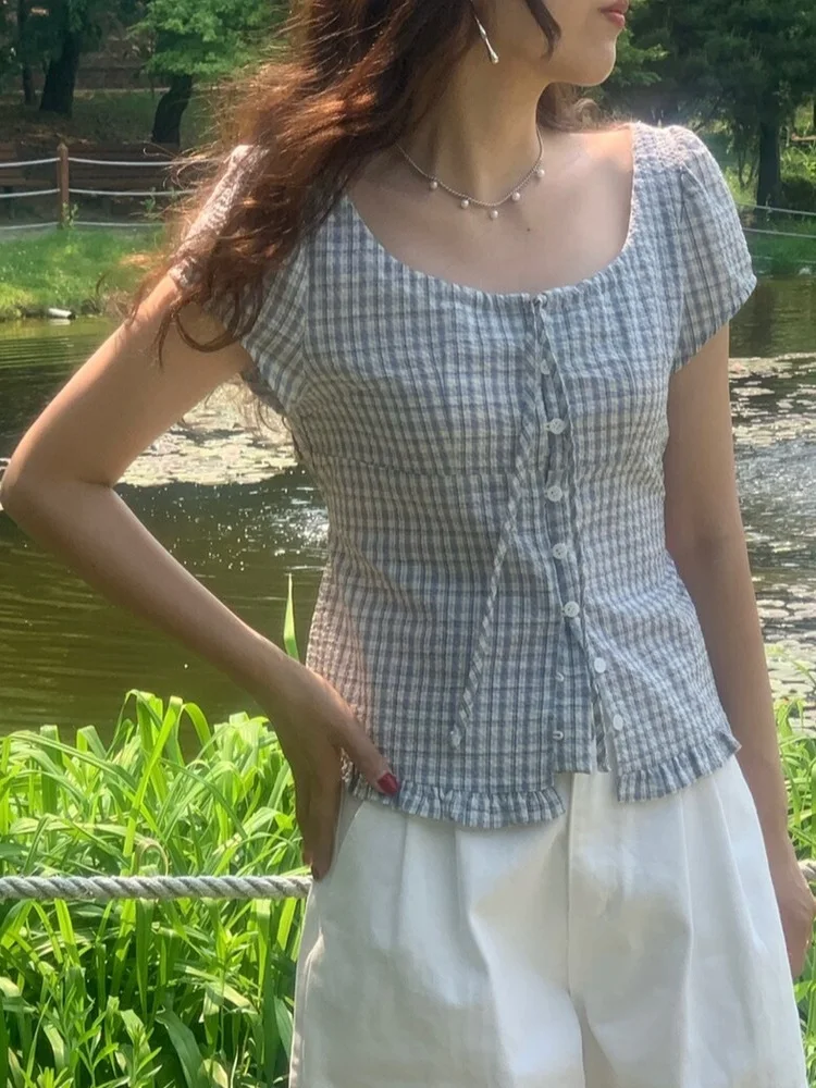 

Sweet Style Women's Shirt Summer New Fashion Casual Bubble Sleeve Plaid Design Sense Slim Fit Japanese Style round Neck Button