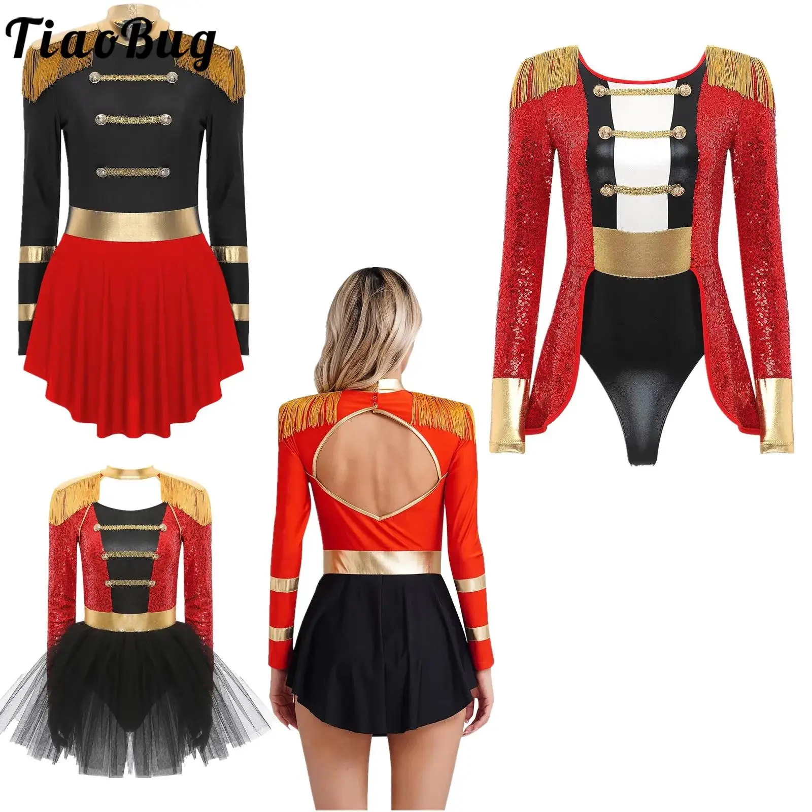 

Women Ringmaster Costume Circus Director Uniform Long Sleeve Leotard Dress Show Dance Costume Halloween Christmas Carnival Party