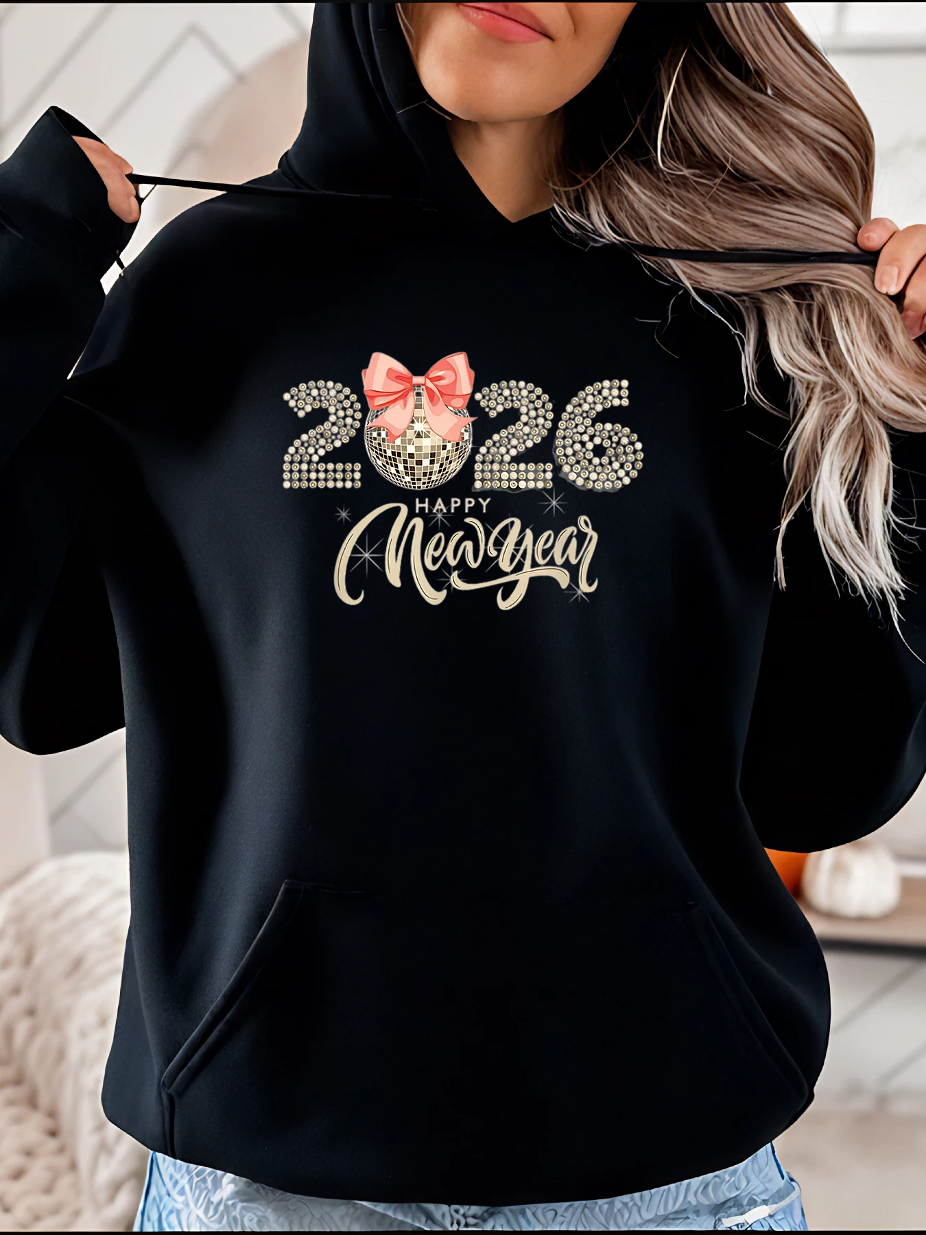 Sudadera con capucha de Año Nuevo 2026, sudadera con estampado de diamantes de imitación para fiesta, ropa informal de moda para mujer 280