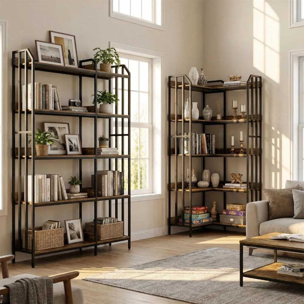 

5-Tier Convertible Bookshelf, L-Shaped Corner Bookshelf or Double Wide Bookcase, Heavy Duty Industrial Wood, Customized