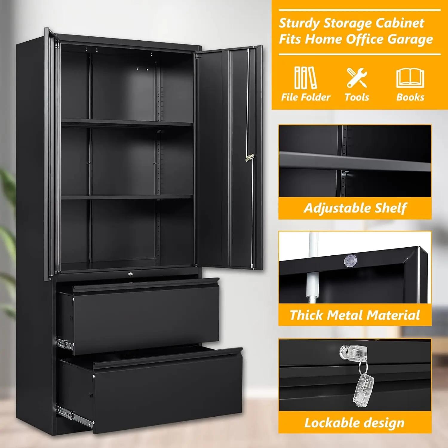 2 Drawer Lateral File Cabinet, Metal Locking File Cabinet with Storage Shelves for Letter/Legal/F4/A4 Size Files ,Black