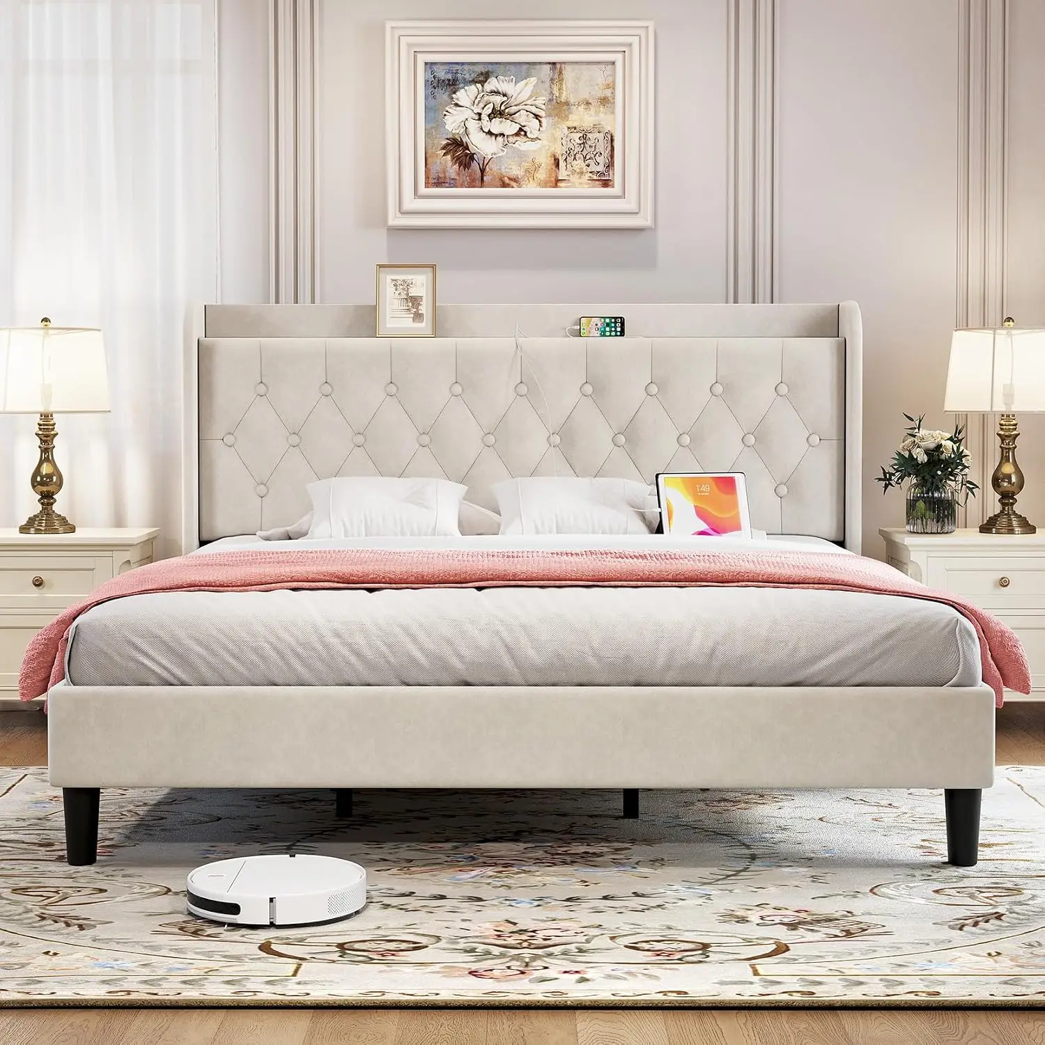 King Velvet Bed Frame, Adjustable Upholstered Platform Bed Frame with Type-C&USB Ports, Wingback Storage Headboard