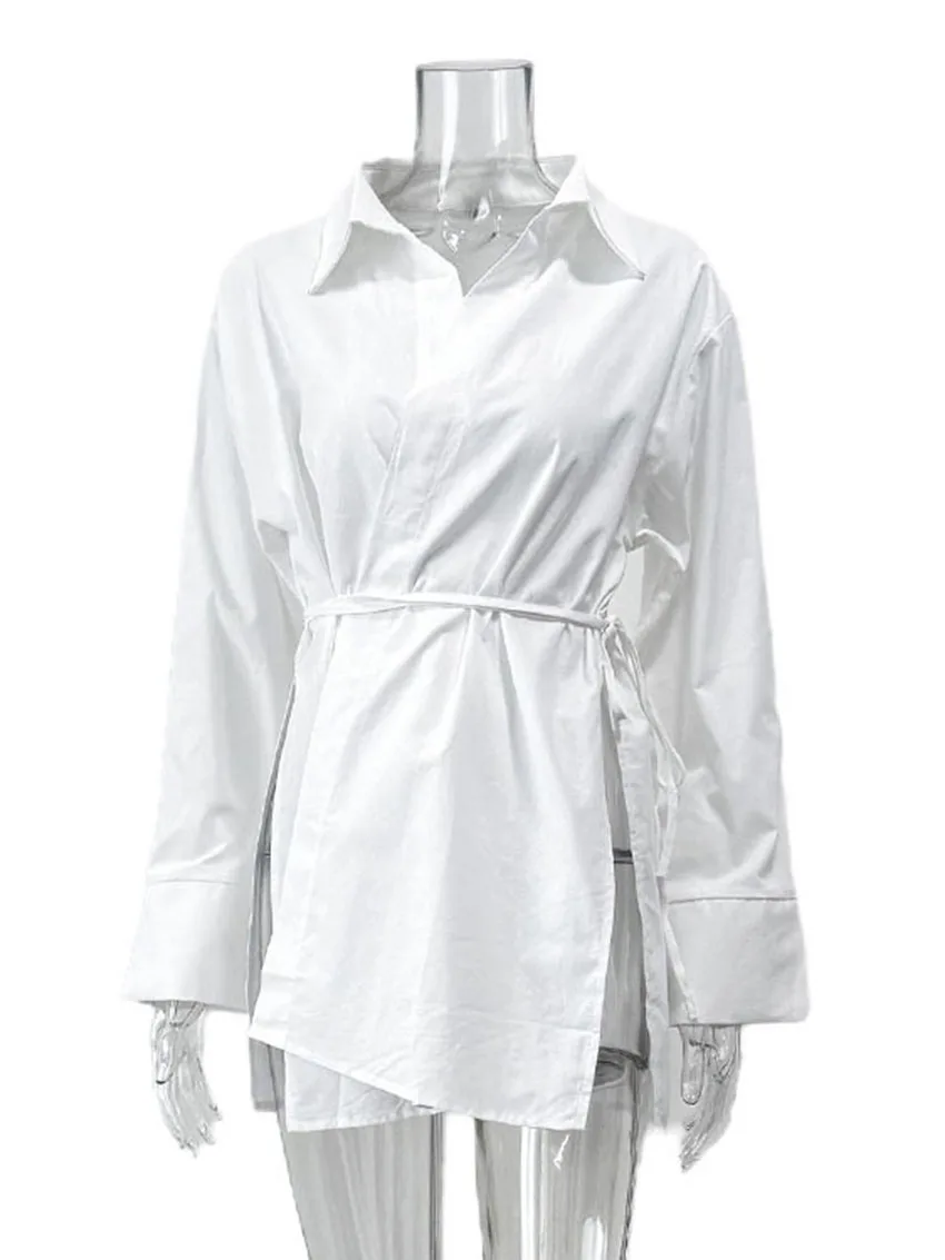 Parc Fee Casual Loose White Women Shirt 2025 Fashion Lapel Long Sleeve Shirts Elegant Classic Lace-Up Solid Top Female Clothing