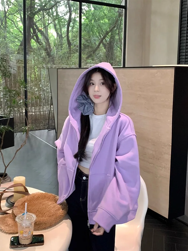 

Модная фиолетовая толстовка с капюшоном, женская, на раннюю осень 2026 года, новая модель, открытый кардиган, свободный крой, очень милый топ