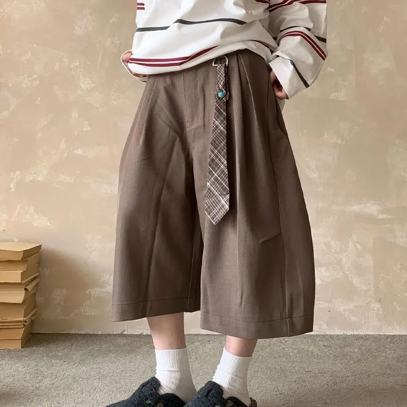 

Japan Style Vintage Folds Loose Casual Pants Women's Clothing Solid Color Summer New Wide Leg Basic Stylish Button Capri Pants