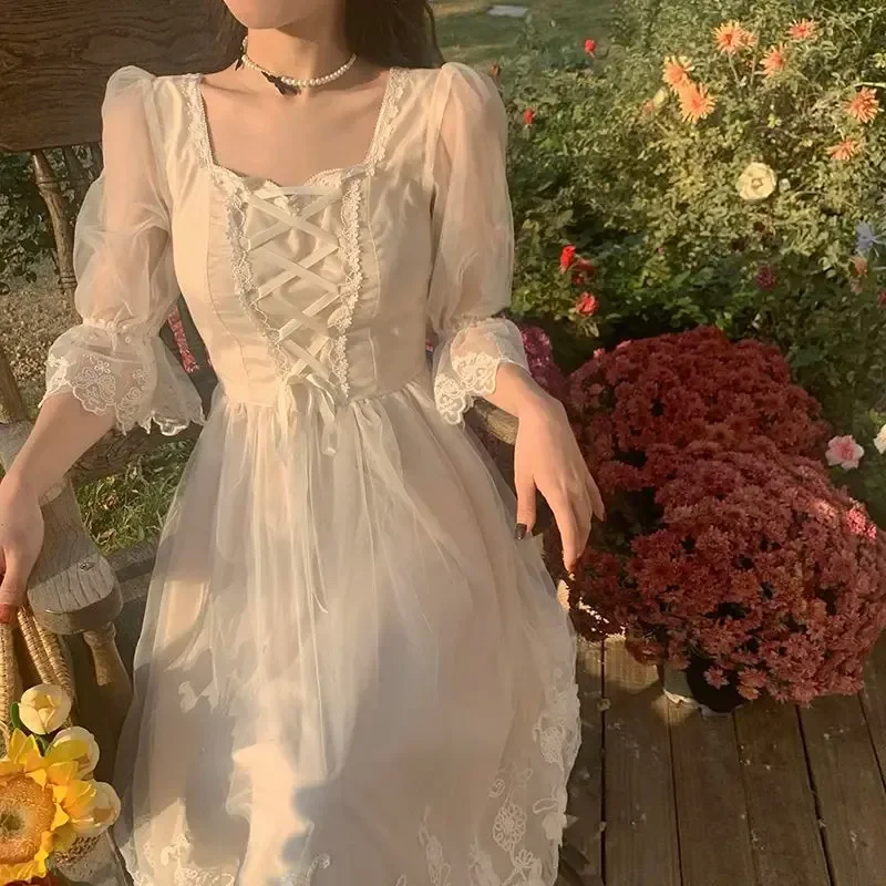 

2025 Summer Whtie Fairy Vestidos Long Sleeve Maxi Skater New Lace Dresses Women Casual Dress Lolita Harajuku fdgfg3