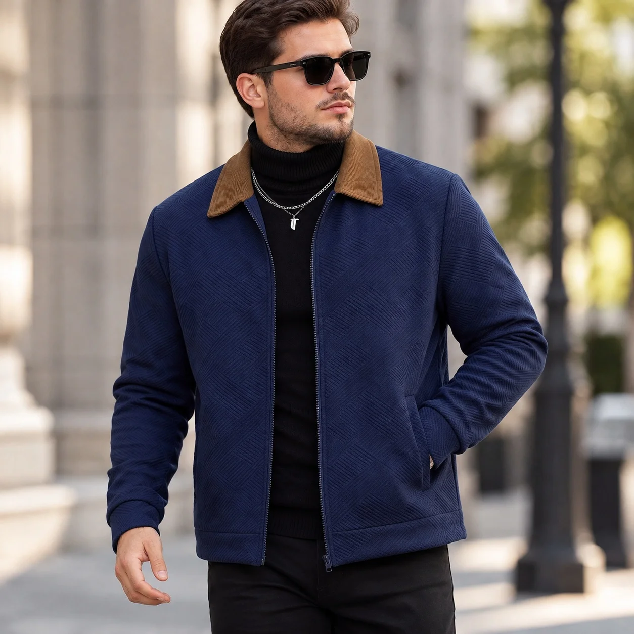 Turn Down Collar Casual Coat Mid Length Light Mature Casual with Zipper Closure Side Seam Pockets Long Sleeves Men Jacket