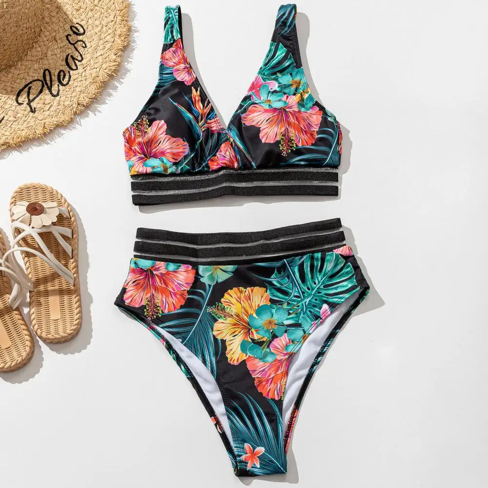 Swim Trunks Outfit Stylish Leaf Print Bikini Set with High Waist Swim Trunks for Women V-neck Padded Bra Beachwear for Summer