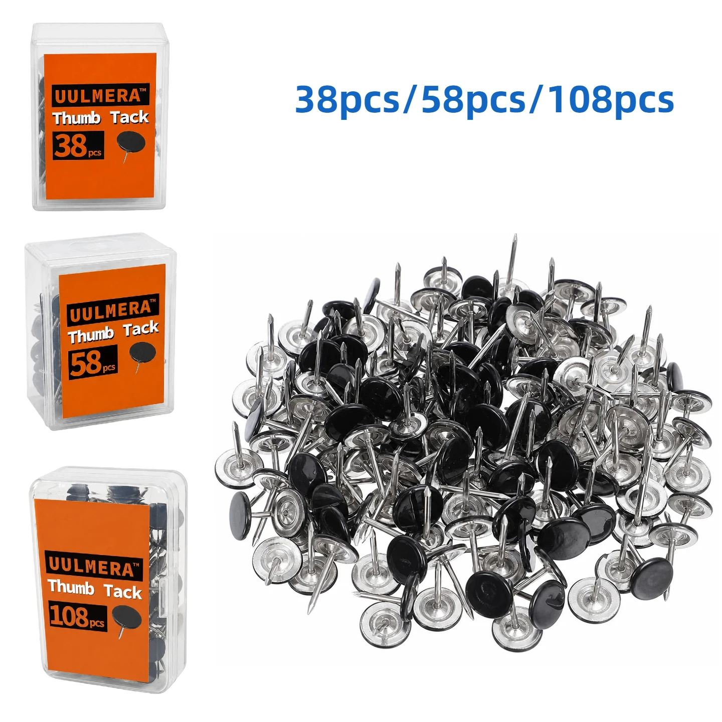 Black Drawing Pins 38/58/108 Pcs Round Head Thumbtacks, Metal Push Pins with Storage Box for Pinboard, Bulletin Board, Office