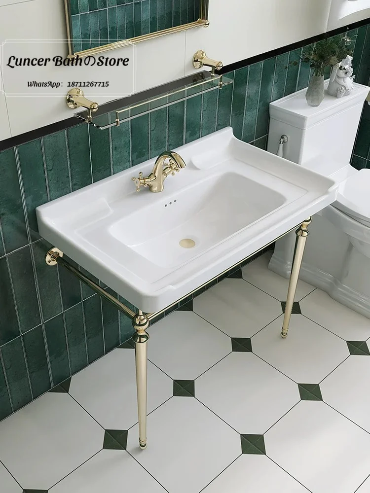 French Retro Freestanding Ceramic Wash Basin With Metal Support Bracket For Homestay Bathroom