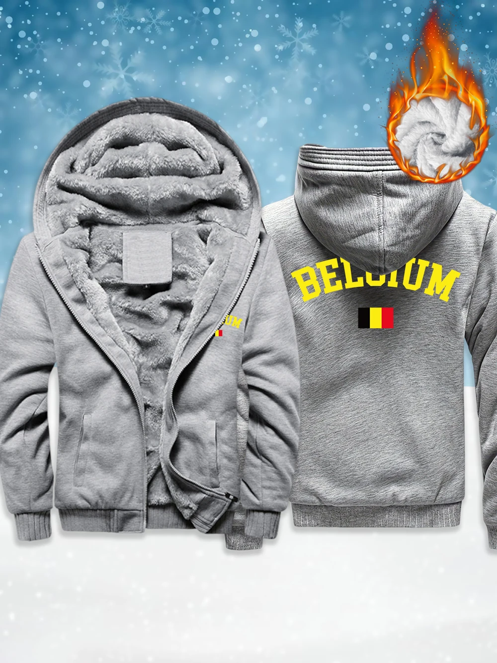 

Belgium Text With Flag Printing Mens Zipper Coats Winter Fleece Warm Thicken Jackets Windproof Thermal Outerwear Men'S Clothes