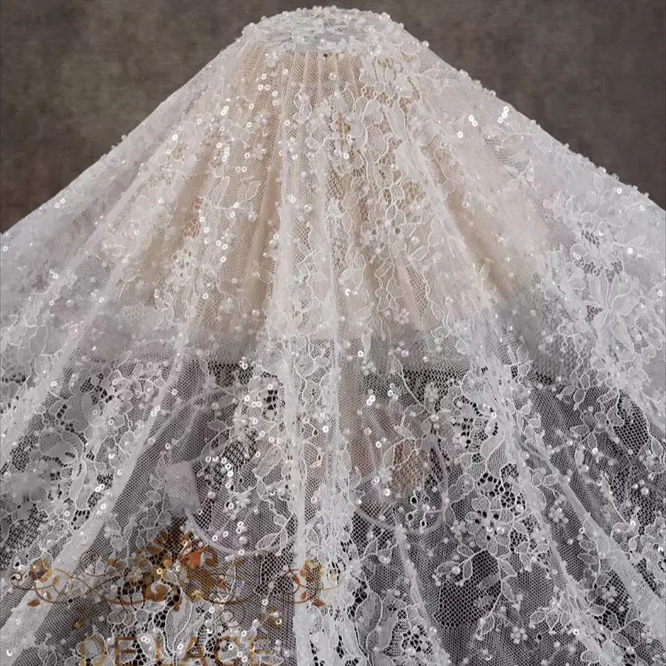 

RX New Style Chantilly Lace With Beaded and Sequins Floral Embroidered Eyelash Wedding Dress Lace Fabric