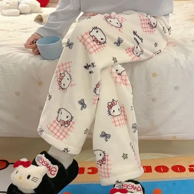 여성용 헬로키티 플란넬 파자마 바지 겨울용 부드러운 보온 라운지웨어 편안한 잠옷 홈웨어 귀여운 만화 커플 선물