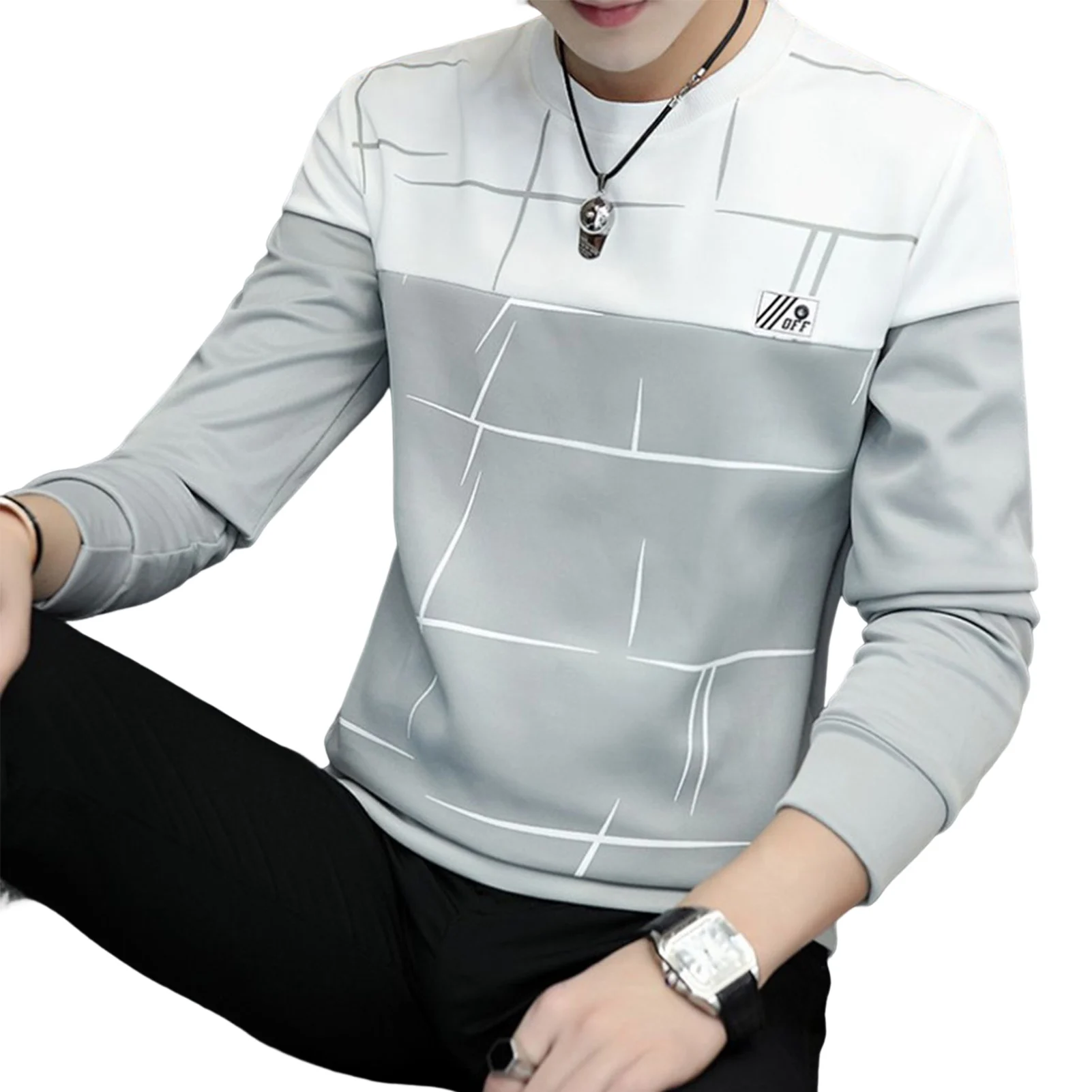 Men\'s Round Neck Pullover Sweater Korean Version Color Matching Slim Fitting Sweater for Outdoor Traveling Shopping Wear